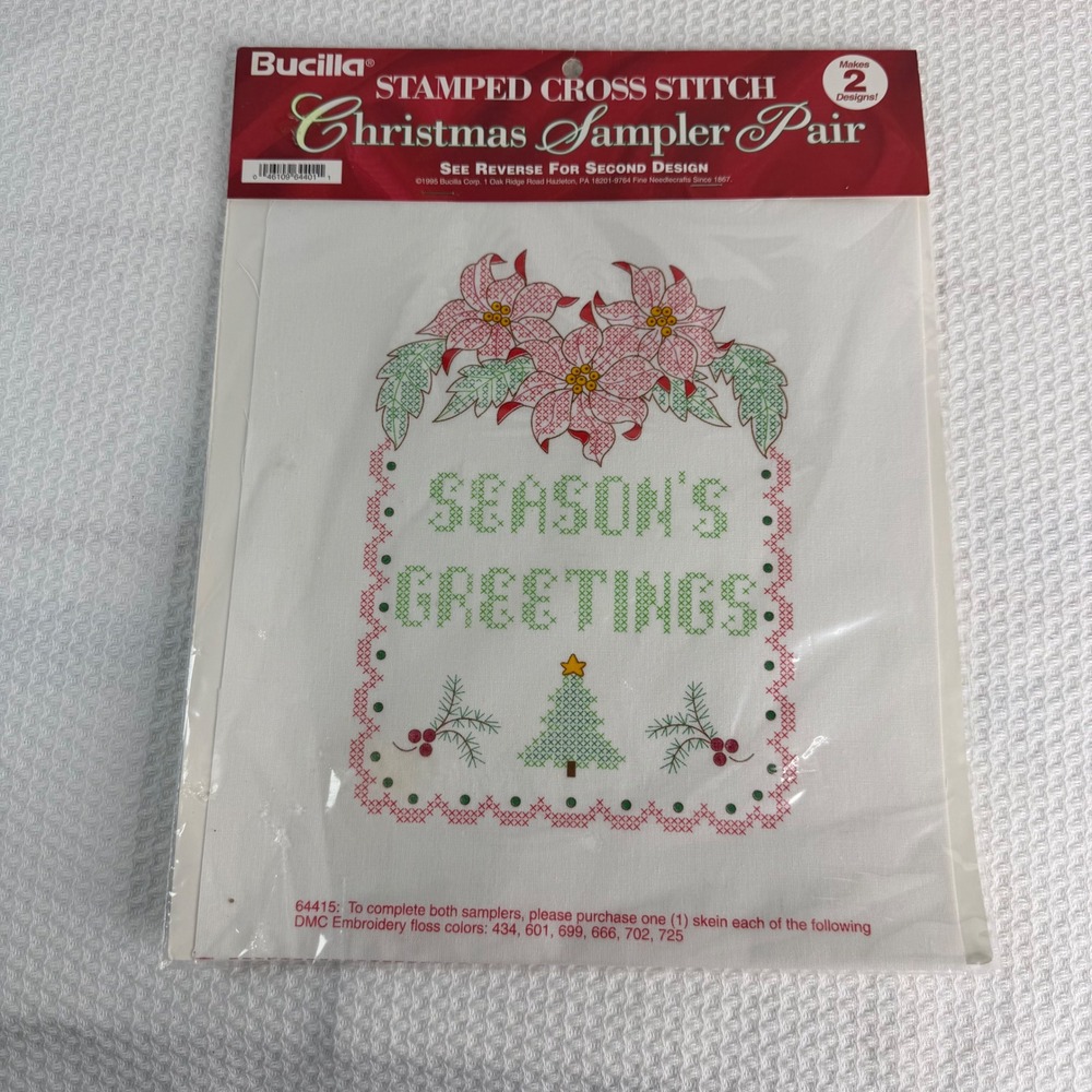 Bucilla Stamped Cross Stitch Christmas Sampler Pair Poinsettia Wreath 1995 NEW